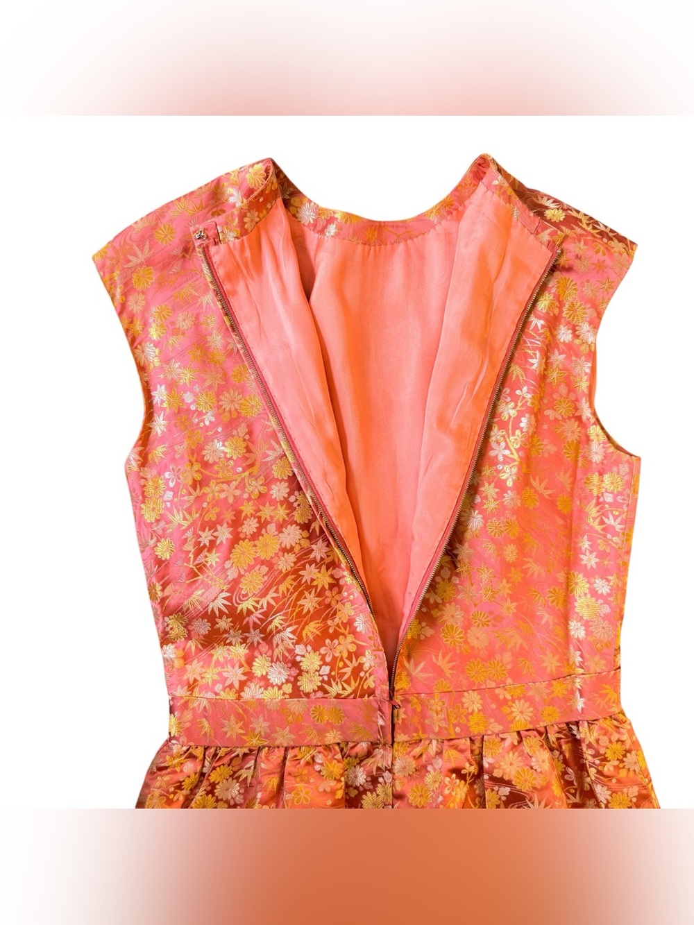 Handmade Silk Brocade Dress Pink Gold Floral Asian Inspired Bow Waist Small - Picture 5 of 11